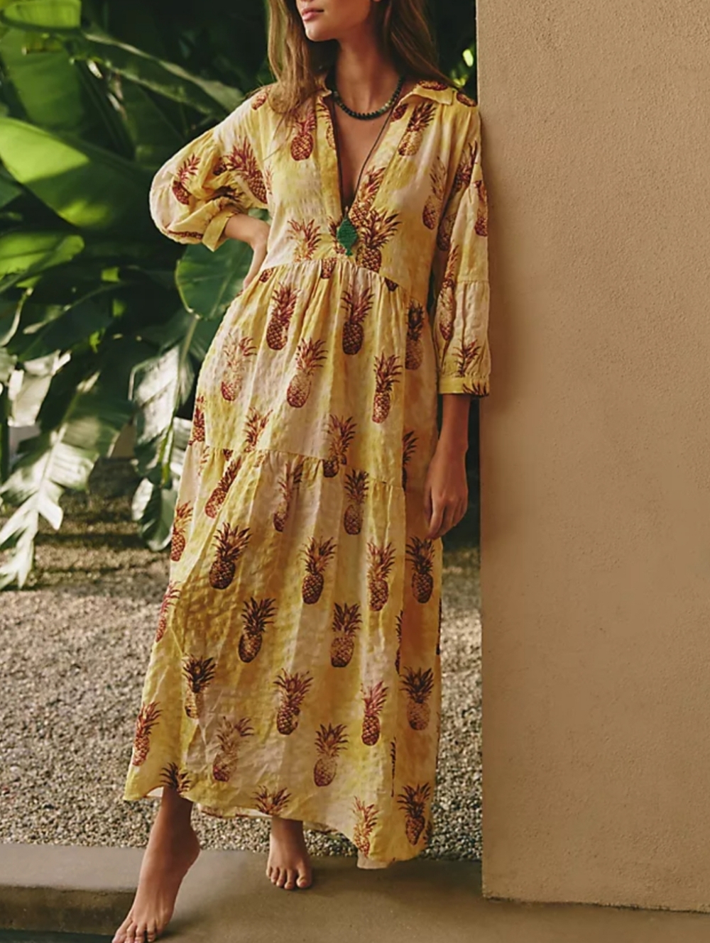 Anthropology The Carolita Pineapple-Print  Tiered Maxi Shirt Dress XSP